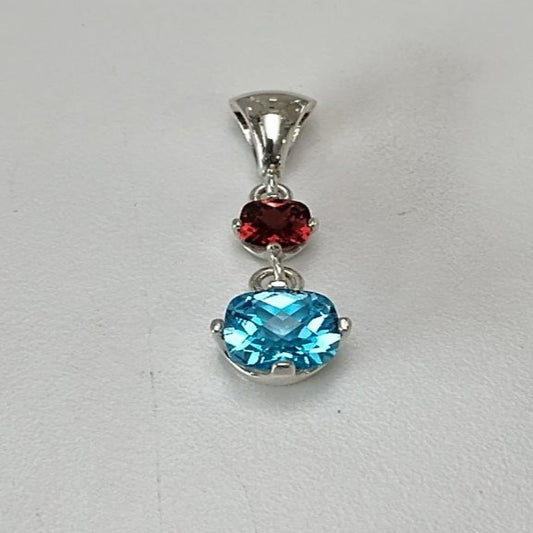 Blue Topaz Garnet Checkerboard Cushion Cut Pendant Sterling Silver