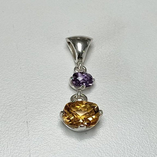 Citrine Amethyst Checkerboard Cushion Cut Pendant Sterling Silver