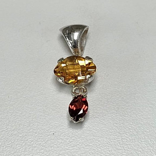 Citrine Garnet Checkerboard Cushion and Marquis Cut Pendant Sterling Silver