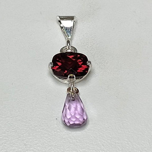 Garnet Amethyst Checkerboard Cushion Cut and Briolet Pendant Sterling Silver