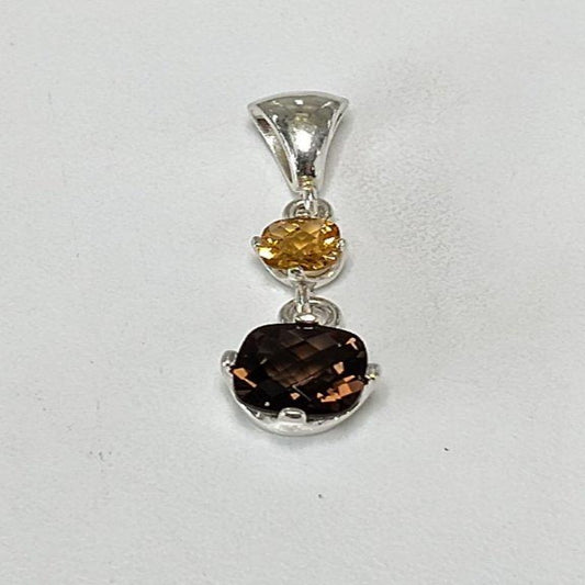 Smoky Quartz Citrine Checkerboard Pendant Sterling Silver